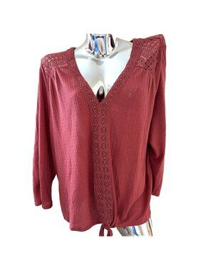 Absolutely Famous Women's Waffle Knit Top Size 2X Rose Crochet Trim Boho NWT
